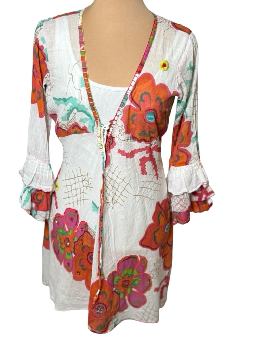 Antica Sartoria Floral Boho Tunic Top Small Cotton Bell Sleeve Italy